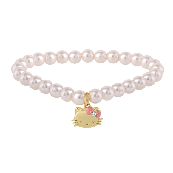 Sanrio Hello Kitty 18k Gold Plated Faux Pearls & Crystals Stretch Bracelet - Picture 1 of 7